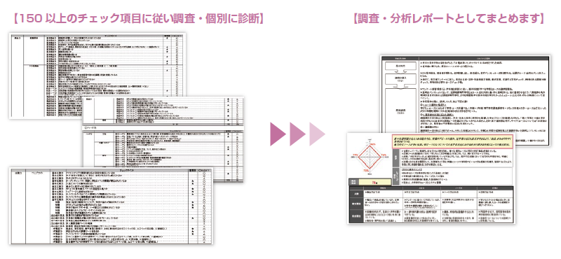 150以上のチェック項目による調査・専門コンサルタントによる分析レポート